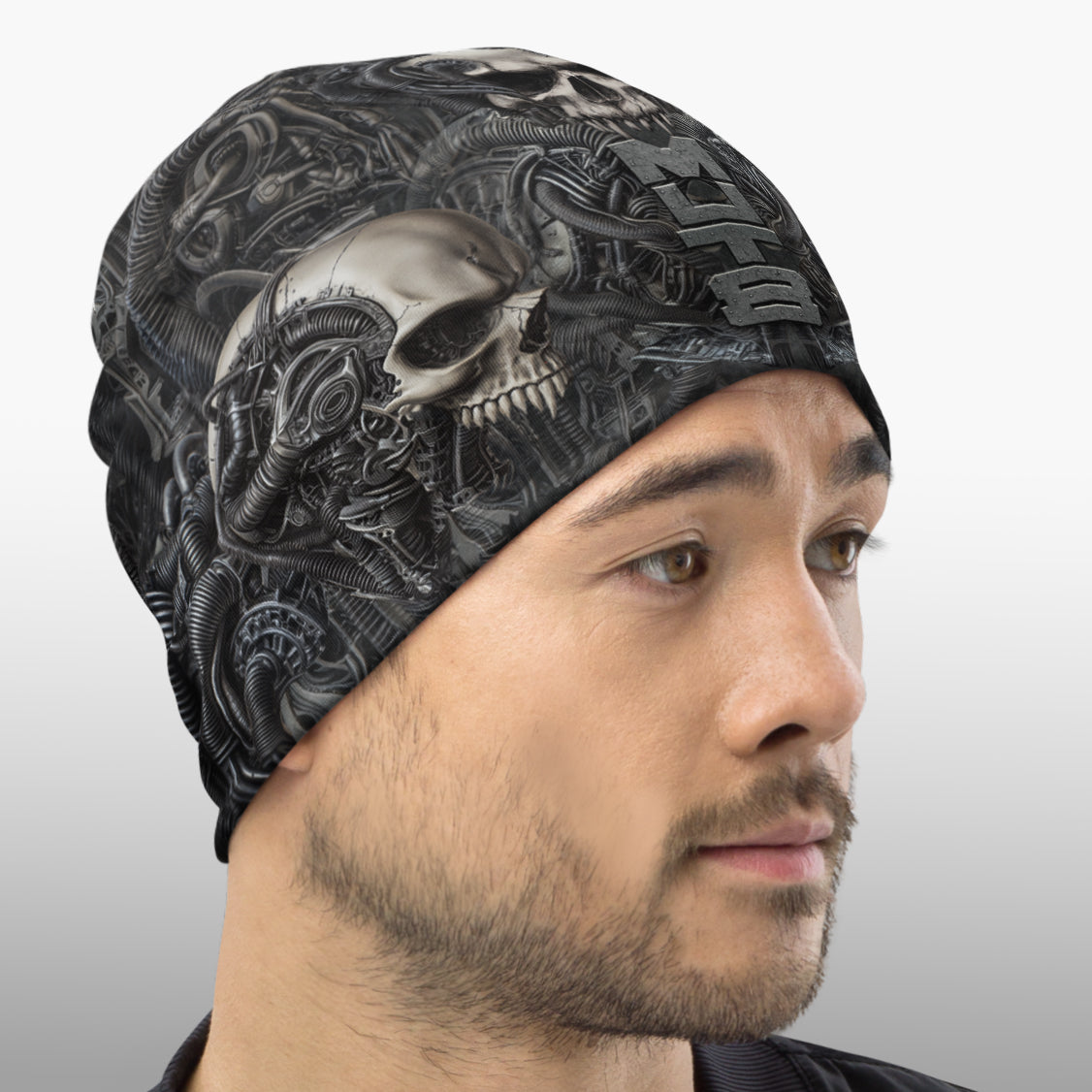 MUT8 Unnatural Beanie - Biomechanical Skull Artwork in Grey and Black for Bodybuilding MMA 