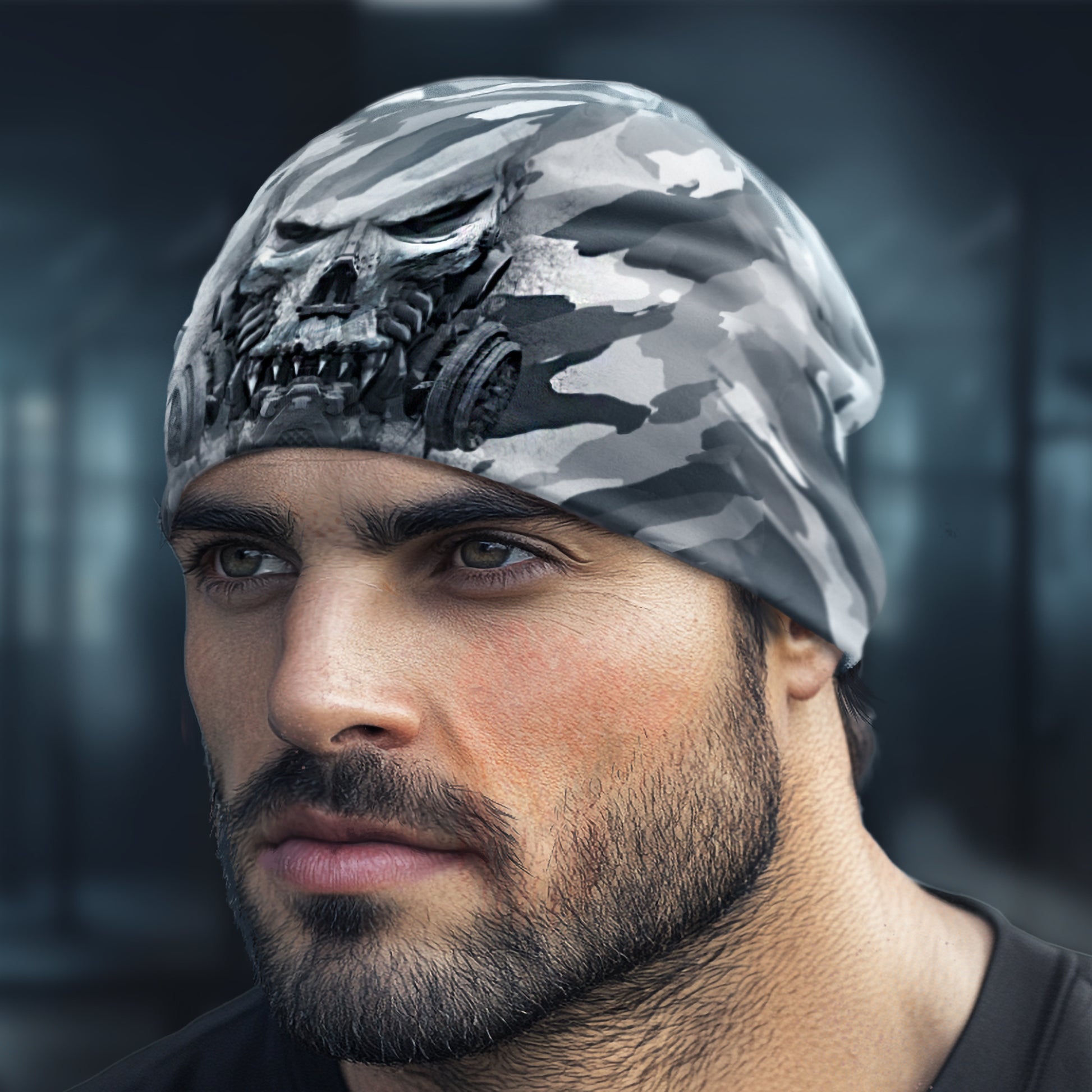 Camo Mutant Workout Beanie - High Definition Mutant Skull Print with Green Camo Accents